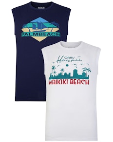 Bigdude Ärmelloses T-Shirt mit Stranddruck im Doppelpack Navy/Weiß Tall